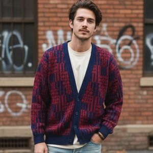 Vintage 80s Large Red Navy Green Geometric V-Neck Button Front Cardigan Sweater